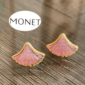 Vintage Monet Pink and Gold-tone Fan-Shaped Earrings Pink Shell Earrings